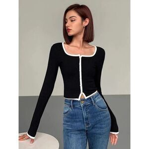 Commense Chic Black Cropped Cardigan with White Trim Long Sleeve Button-Up Top L